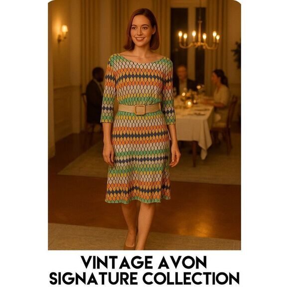 Signature Collection (Vintage Avon) Multi-Color Geometric Design Shift Dress Siz - Picture 2 of 12